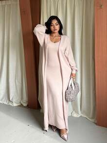 GalTyme Plus Size Casual Solid Color Cardigan Knit Dress, Autumn/Winter - Apricot - View 4