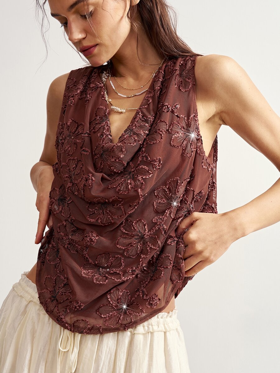 Bohemela Women's Cowl Neck Floral Textured Fashion Loose Tank Top - Brown - View 1