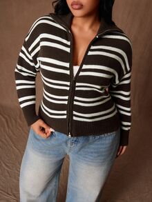 Rustia Plus Size Women's Striped Casual Versatile Everyday Cardigan Winter - Multicolor - View 1