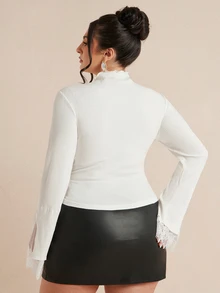 SHEIN BAE CURVE Plus Size Autumn/Winter Solid White Mock Neck Long Sleeve Ribbed Knit Cuff Contrast Lace Women's Top, Practical Base Layer, Fall Outfits,Basics Top - White - View 5