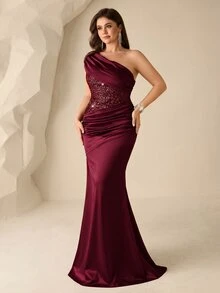 Coutiva Plus Size Women's One Shoulder Ruched Elegant Waist-Cinching Evening Gown Dress - Red - View 3
