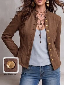 Solivie Women's Solid Color Casual Versatile Daily Long Sleeve Jacket - Coffee Brown - View 2