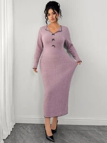 SHEIN Elenzya Plus Size Sexy Elegant Knit Bodycon Ribbed Long Sleeve Bow Collar Contrast Color Dress Fall - Pink - View 4