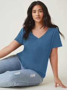 SHEIN BASICS 大尺碼女款純色V領休閒日常T恤 - 霧霾藍 - 查看 5