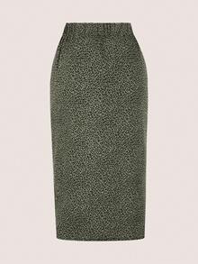 SHEIN PETITE CURVE 大尺碼休閒度假側開衩抽繩修身豹紋裙 - 橄欖綠 - 查看 2