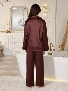 LuxeNights Minimalist Solid Color Satin Lapel Pajama Set, 2 Pieces - Coffee Brown - View 3
