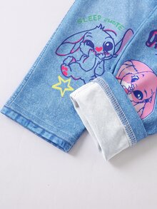 SHEIN 女嬰卡通圖案丹寧效果印花長褲，適合日常穿著 - 藍色 - 查看 4