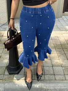 Rivivi Plus Size Women's Elastic Waist Faux Pearl Decor Ruffle Hem Fashion Cropped Denim Jeans - Blue - View 5