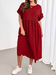 Shapeblank Plus Size Women's Solid Color Pleated Casual Daily Summer Dress - Red - View 5