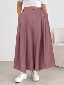 Shapeblank Plus Size Women's Solid Color Waist Button Design Wide Leg Casual Pants - Red Violet - View 3