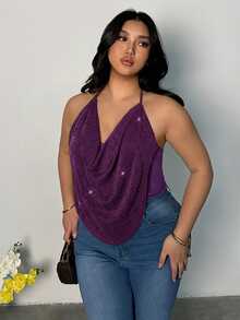 Firerie Plus Size Women's Rhinestone Decorated Fashion Versatile Daily Wear Halter Neck Top - Red Violet - View 1