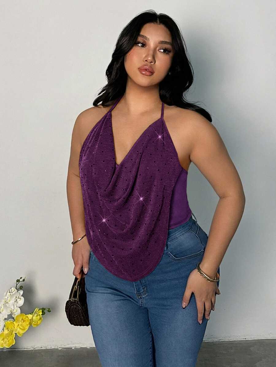 Firerie Plus Size Women's Rhinestone Decorated Fashion Versatile Daily Wear Halter Neck Top - Red Violet - View 1