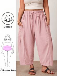 Enliva Plus Size Loose Fit Drawstring Casual Cropped Pants Fall - Pink - View 1