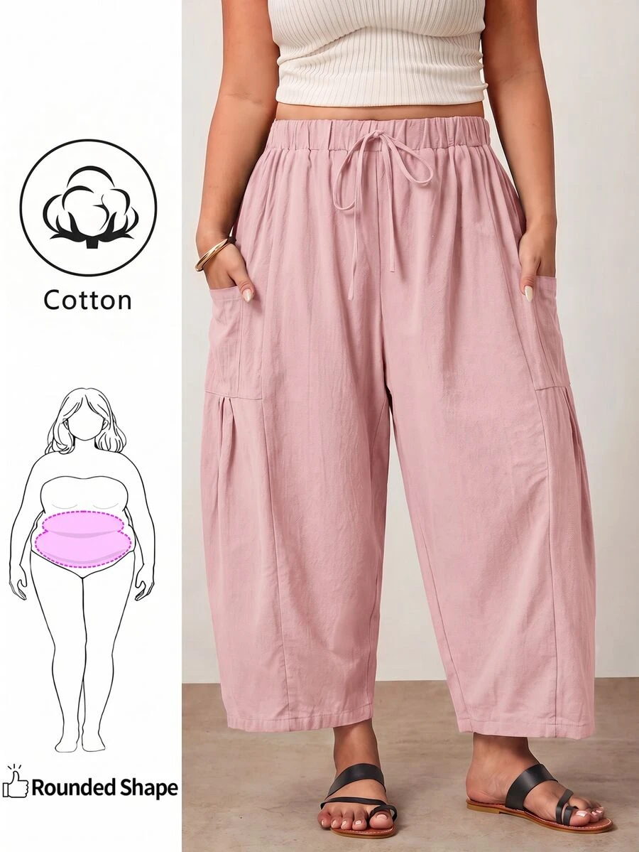 Enliva Plus Size Loose Fit Drawstring Casual Cropped Pants Fall - Pink - View 1