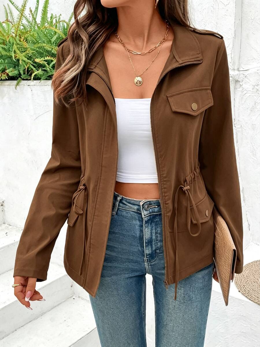 Elyressa 女款純色休閒百搭日常穿著長袖外套,適合日常旅行,咖啡棕色,秋季 - 棕色 - 查看 1