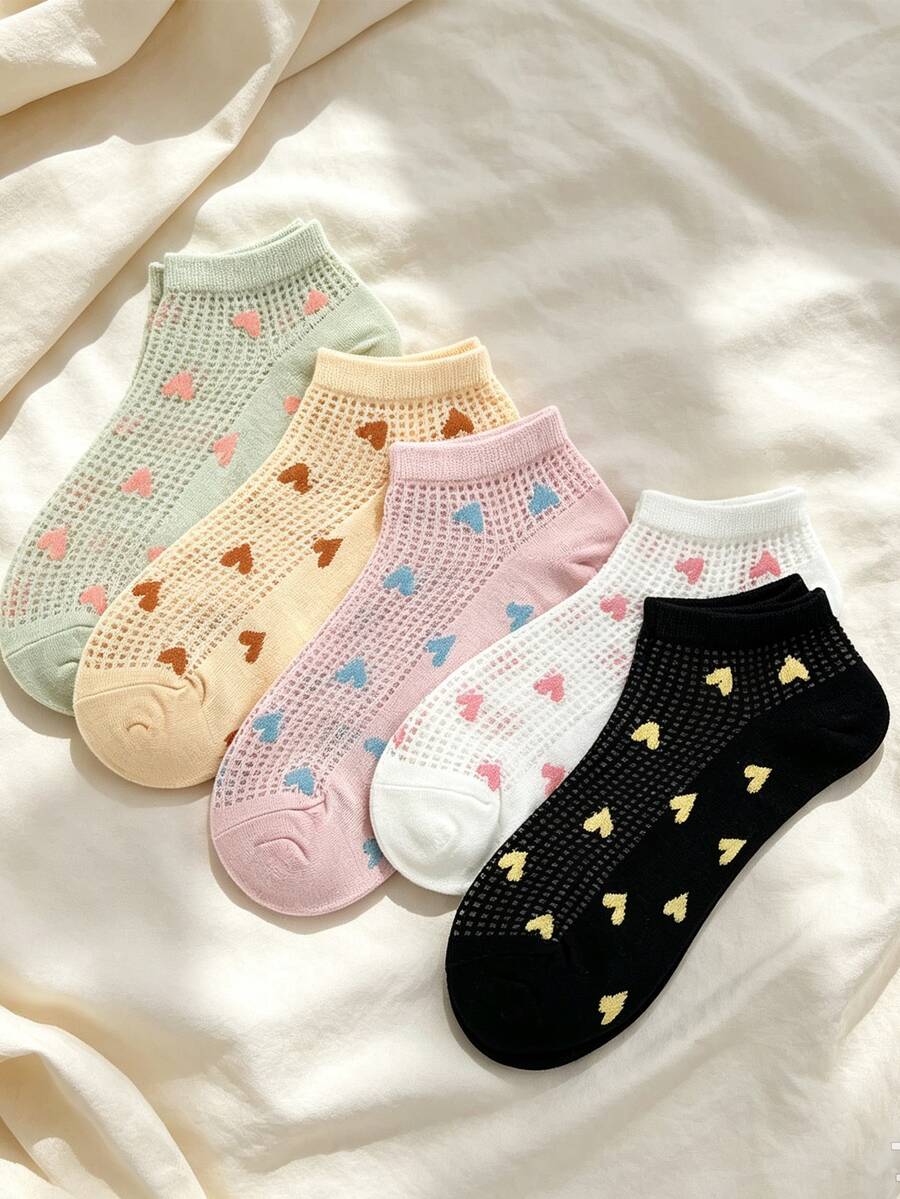 SHEIN 5 Pairs Macaron Colorful Heart Hollow Mesh Pure Cotton Low Cut Socks - Multicolor - View 1