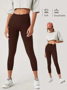 SHEIN BASICS 女款純色透氣七分緊身褲 夏季健身運動休閒穿搭 深棕色 - 棕色 - 查看 1