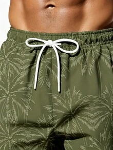 Manfinity KASUA Pantalones cortos de playa con estampado de palmeras y cintura con cordón para hombres - Verde militar - Ver 5