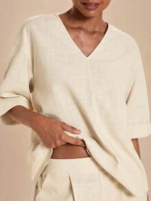 Travachic Women's Solid Color V-Neck Top And Pants Casual Daily 2 Pieces Set - Apricot - View 6