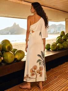 CAJUNI Chic Vacation Tropical Illustration One Shoulder Sleeve Dress - Multicolor - View 2