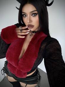 Whyspr New Women's Short Mesh Long Sleeve Top With Patchwork Fur Collar Winter - Black - View 3