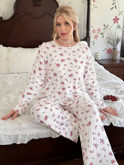 CottageSlumber Super Soft Ribbed Plus Size Women's Pajama Set Casual Ditsy Floral Loungewear