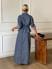 Livesso Tall 女款藍白條紋寬鬆夾克與裙子休閒兩件式牛仔套裝，適合日常秋季穿著 - 中等水洗藍 - 查看 7