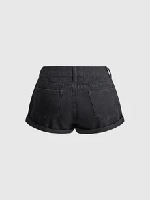 ROMWE Gothic All-Over Skull Pattern Black Stretch Denim Hot Pants For Women - Black - View 2