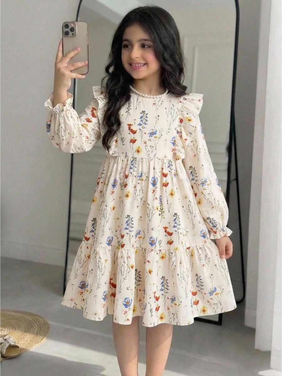 Tween Girl Elegant Ditsy Floral Round Neck Ruffle Sleeve Cinched Waist Ruffle Hem Dress, Suitable For Vacation And Autumn Wear - White - View 1