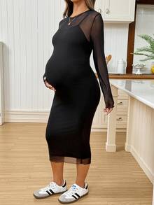 SHEIN High-Stretch Mesh Casual Maternity Dress,Maternity Summer Fashion Mesh Bodycon Dress,Autumn Fall - Black - View 4