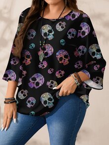 SHEIN VCAY 大尺碼女款秋冬休閒全印花圓領寬鬆七分袖上衣 - 彩色 - 查看 5