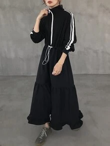 FRIFUL Women's Side Stripe Zipper Placket Drawstring Waist Casual Long Dress Fall - Black - View 6