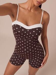 SHEIN BAE Women Brown Backless Cross Back Polka Dot Spaghetti Strap Athletic Romper Gym Workout Training Running Yoga Sports Bodysuit - Coffee Brown - View 2