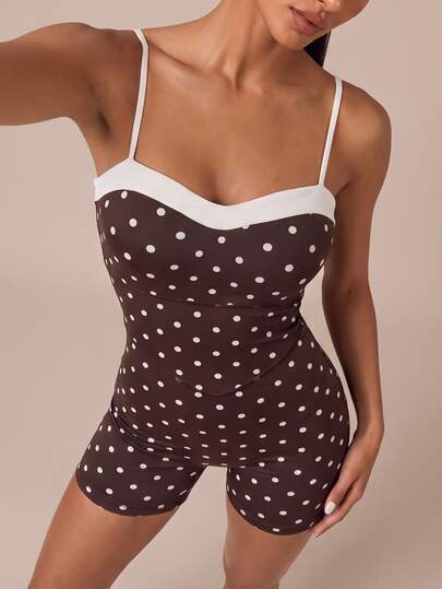 SHEIN BAE Women Brown Backless Cross Back Polka Dot Spaghetti Strap Athletic Romper Gym Workout Training Running Yoga Sports Bodysuit