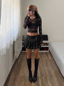 StreetHx Women's Studded Decor Punk Rock Goth Denim Mini Skirt Halloween Club Night Out Concert Black Silver Summer - Black - View 7