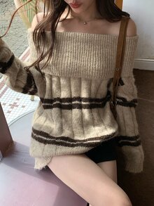 DAZY Women's Square Neck Striped Loose Casual Sweater Fall - Khaki - View 1