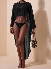 Zivah 新款女款度假休閒海灘泳池派對半透鏤空彈性網紗長披肩罩衫 - 黑色 - 查看 3