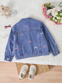 少女蝴蝶結刺繡圖案單排扣休閒日常牛仔夾克 牛仔女郎風 - 藍色 - 查看 2