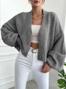 SHEIN كارديجان نسائي مقاس كبير بلون موحد وياقة على شكل حرف V وأزرار أمامية وأكمام طويلة أنيق - رمادي - مشاهدة 5