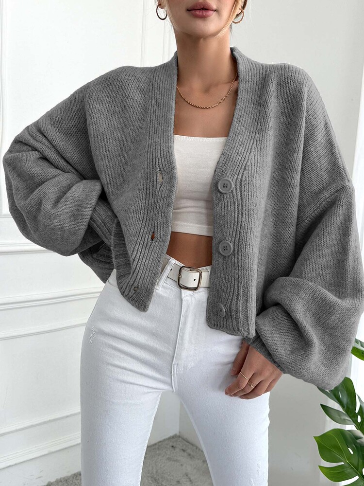 SHEIN Plus Women's Solid Color V-Neck Front Button Elegant Long Sleeve Cardigan - Grey - View 5