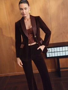 MOTF PREMIUM VELVET SHAWL COLLAR BLAZER AND TROUSERS SET - Coffee Brown - View 5