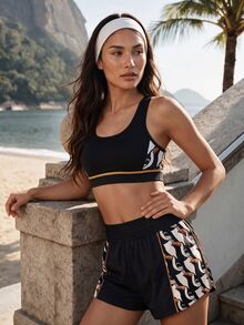 CAJUNI Women's Colorblock Casual Daily Sports Bra - Black - View 6