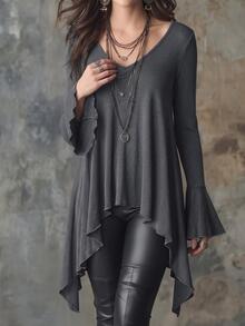Glimmora New Plus Size Women's Fashion Casual Versatile Mid-Length Flare Ruffle Sleeve Long Sleeve T-Shirt - Grey - View 4