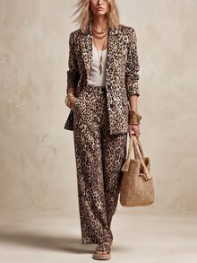 SHEIN LUNE Women's Vintage Leopard Print Long Sleeve Blazer And Pants 2 Pieces Set - Multicolor - View 1