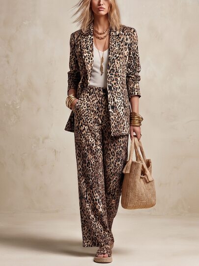 Balvessa Conjunto de 2 piezas de blazer y pantalones de manga larga con estampado de leopardo vintage para mujer