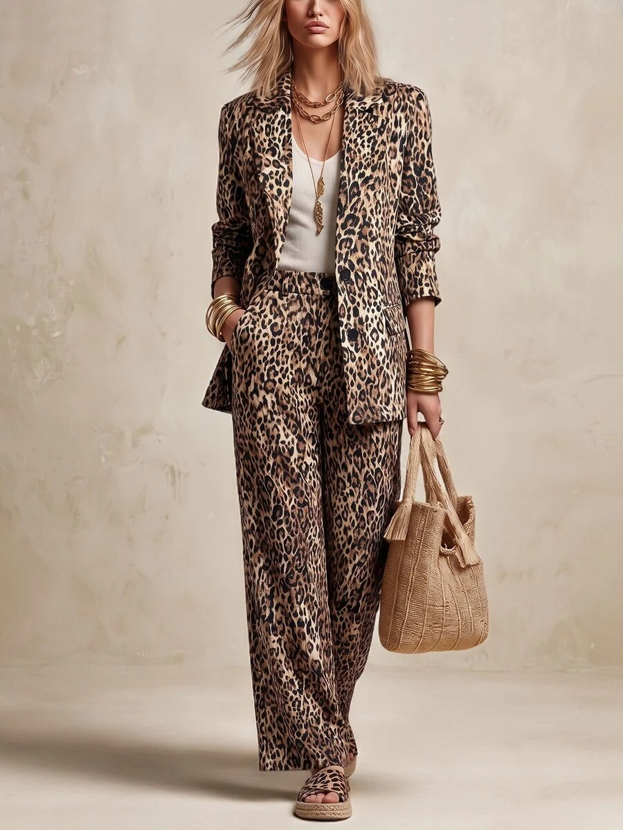 SHEIN LUNE Women's Vintage Leopard Print Long Sleeve Blazer And Pants 2 Pieces Set - Multicolor - View 1