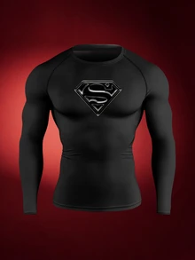 SUPERMAN X SHEIN 男士圓領休閒百搭日常穿著運動T恤 - 黑色 - 查看 7