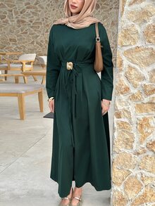 Solavon Women's Solid Color Metal Decor Casual Modest Elegant Party Office Tea Party Long Dress Dark Green Autumn - Dark Green - View 3