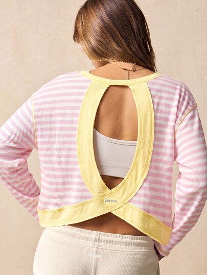 VARSIVA Women's Striped Long Sleeve Back Cutout Sports T-Shirt