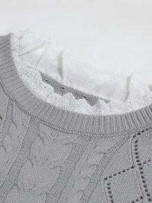 Linhara CURVE Plus Size Women's Autumn/Winter Round Neck Long Sleeve Hollow Lace Knit Sweater Pullover - Light Grey - View 5